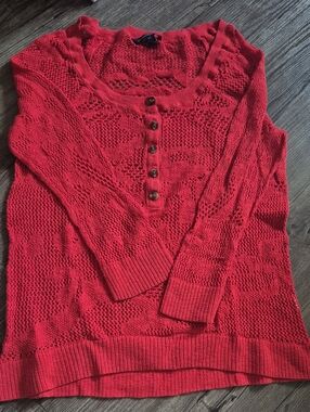American Eagle Crochet Knit Button-Front Sweater - Rust Orange